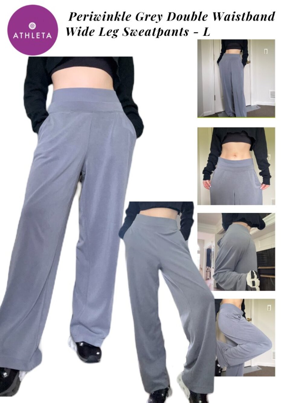 Athleta Periwinkle Grey Double Waistband Wide Leg Sweatpants - L